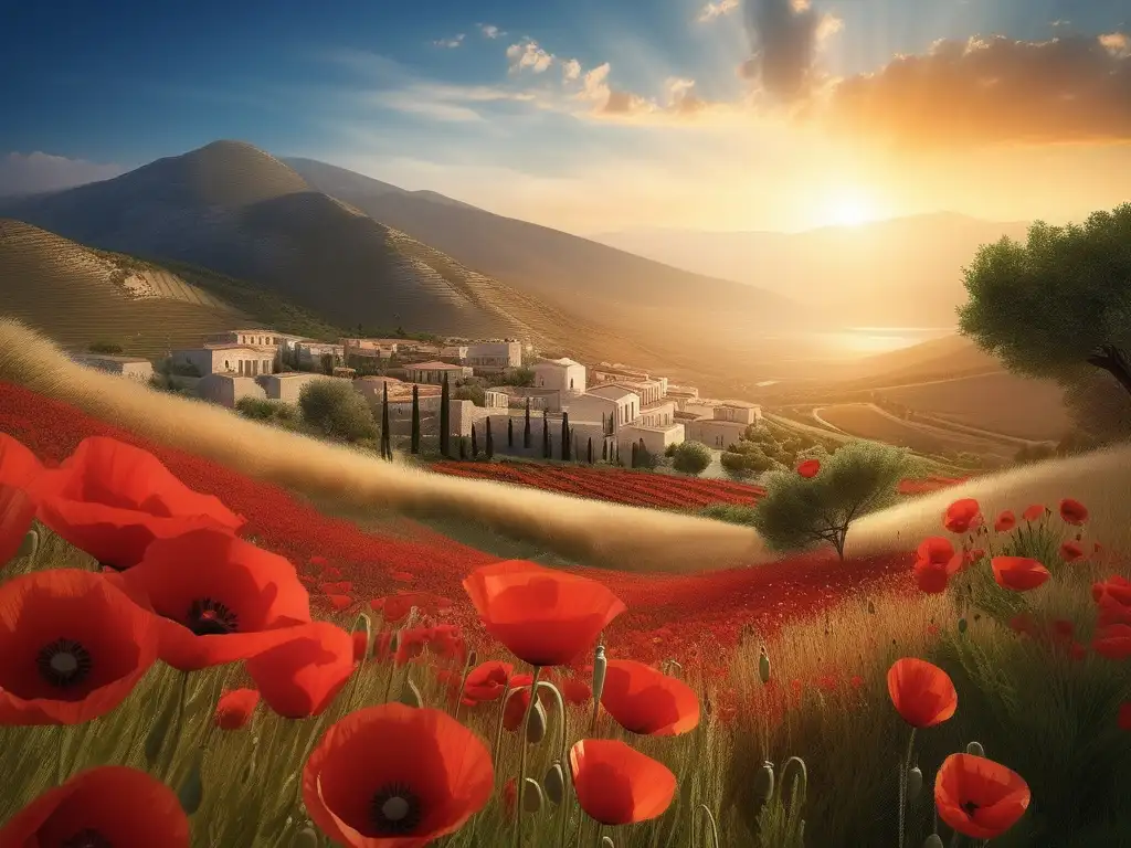 Esparta, ciudad antigua en montañas griegas, con poppies rojos y cielo azul, evoca importancia en Guerras Médicas