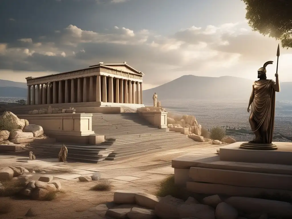 Transformación de Esparta tras la Guerra del Peloponeso: imagen detallada que muestra la evolución de la ciudad, desde una estatua de Athena en ruinas hasta un majestuoso templo dedicado a Apollo, reflejando el poderío y prosperidad de Sparta