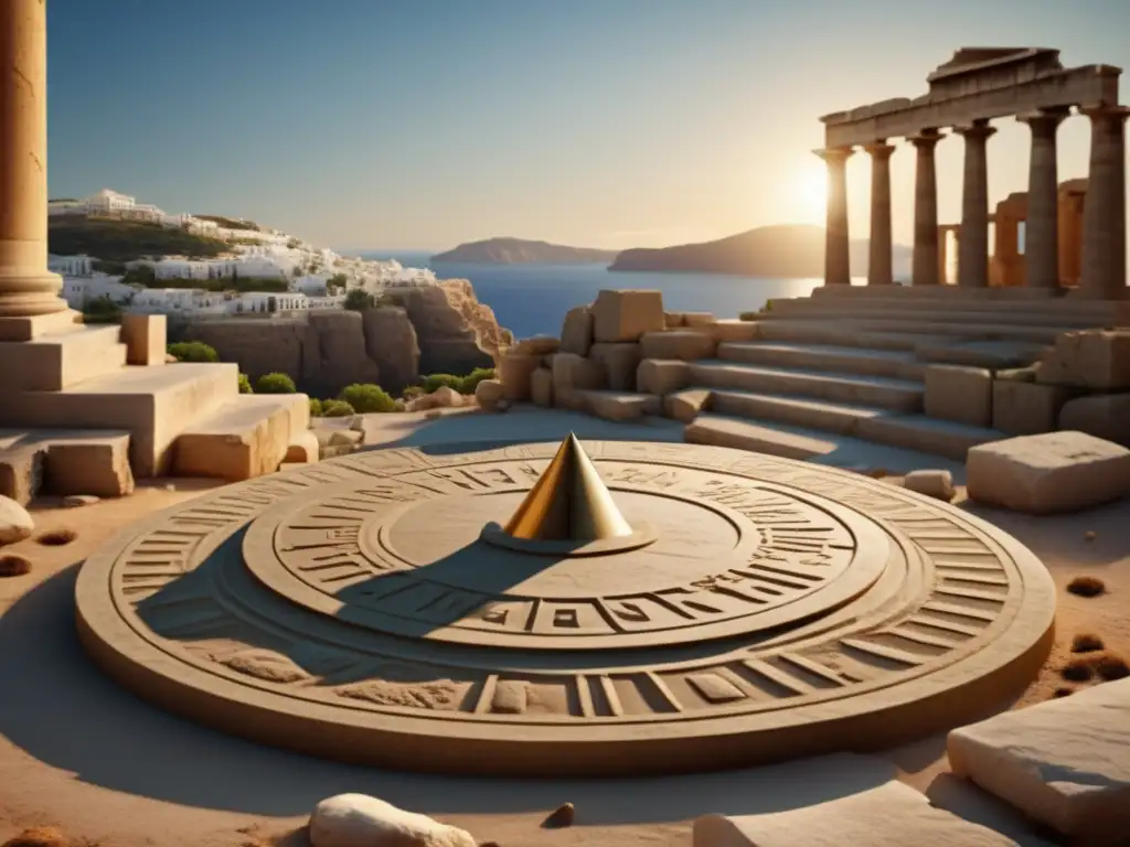 Influencia calendario Antigua Grecia: sundial elegante, detallado, en ruinas antiguas, sombra alinea con hora actual