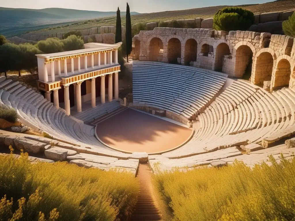 Importancia de la poesía coral en la Antigua Grecia: Anfiteatro griego bañado por el sol, rodeado de olivos y flores, con coro en armonía