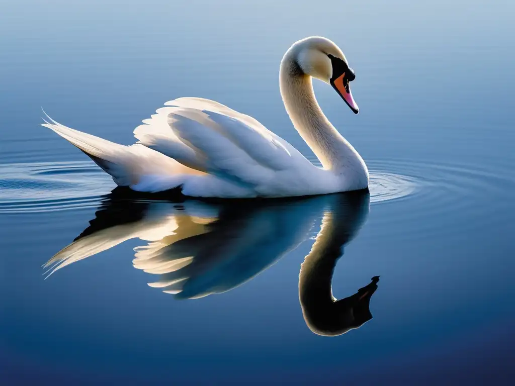 Emblema musical del dios Apolo en la mitología griega: un cisne blanco elegante y sereno deslizándose sobre un lago, su forma reflejada en el agua