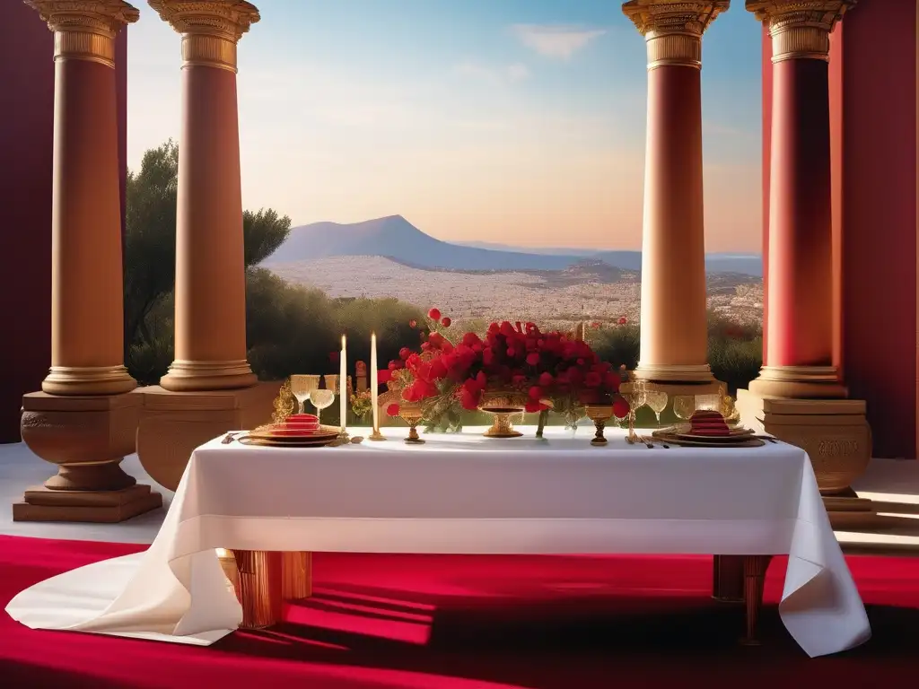 Gastronomía festiva en la Antigua Grecia: mesa elegante con vajilla, decoraciones florales y centros de mesa en una escena rica y sofisticada