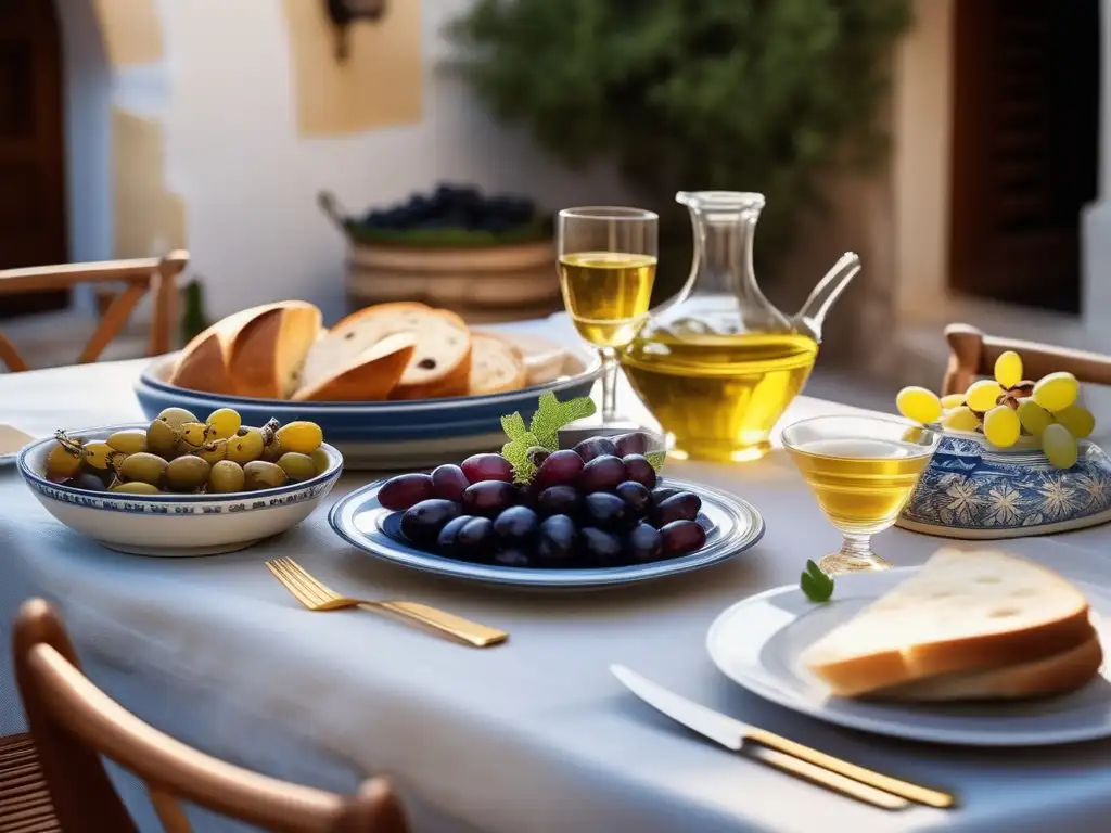 Sabores tradicionales de la Antigua Grecia en una mesa exquisitamente decorada con platos griegos, aceite de oliva dorado, uvas jugosas y olivas