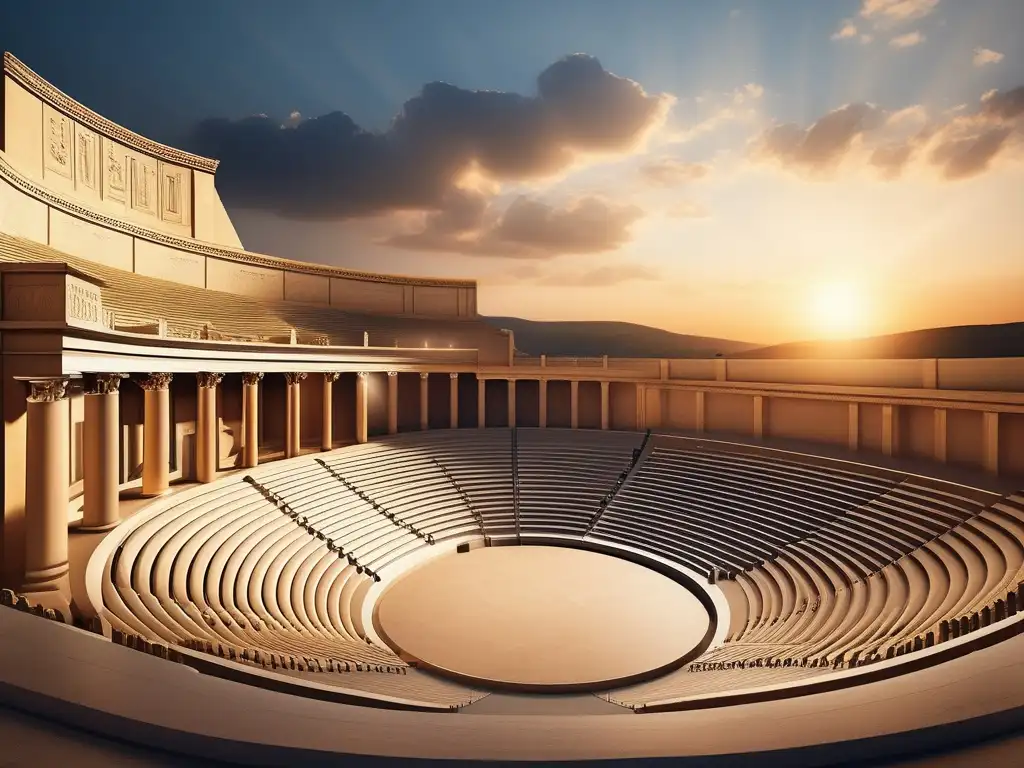 Celebraciones teatrales en la antigua Grecia: Anfiteatro grandioso con público diverso y actores en escena