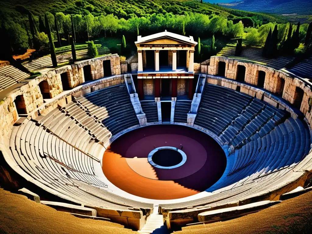 Influencia teatro griego en Occidente: antiguo anfiteatro rodeado de montañas, con actor en escenario y detalles arquitectónicos