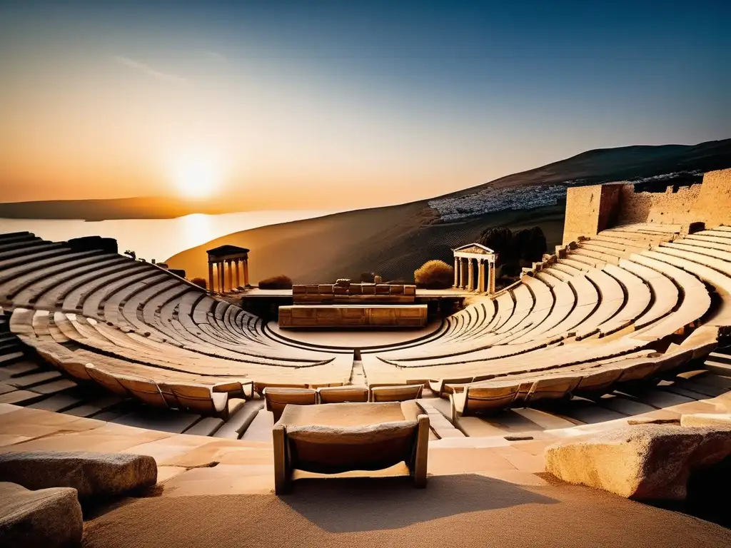 Influencia teatral en la Antigua Grecia: Teatro griego con imponente arquitectura y detalles, evocando historia, cultura y tradiciones