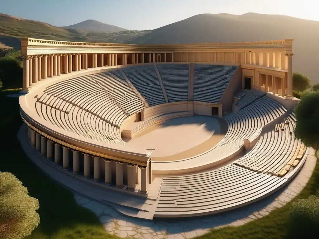 Evolución géneros teatrales griegos: Teatro antiguo en paisaje montañoso, escenario vacío con detalles arquitectónicos y esencia histórica