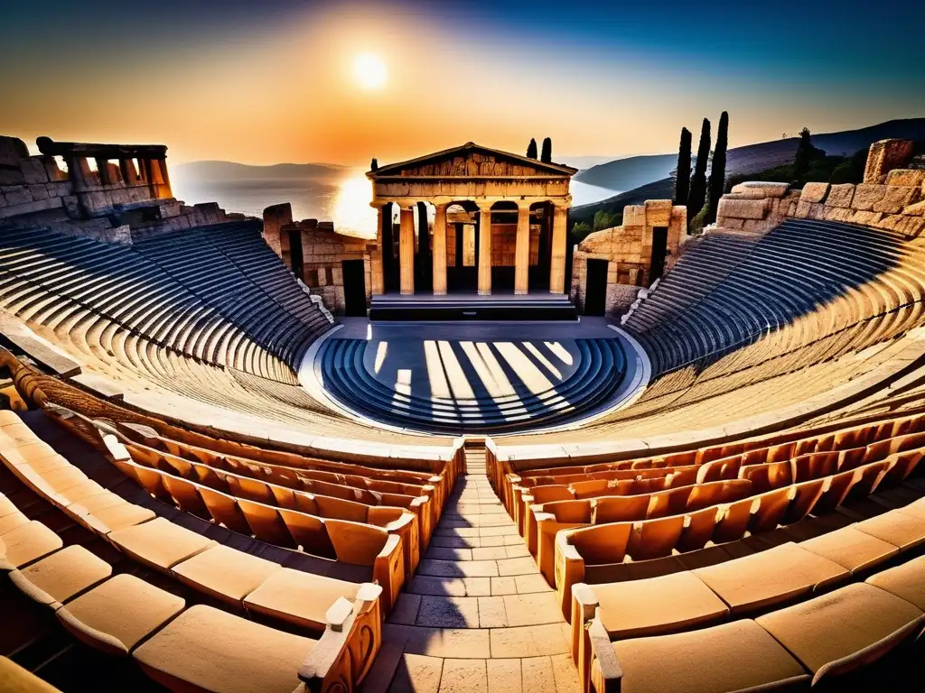 Legado teatral Antigua Grecia: Teatro griego con columnas, actores, público y transición de tragedia a comedia