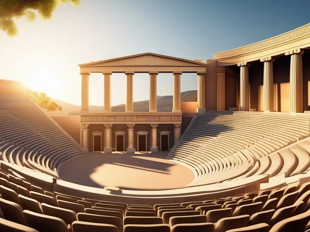 Dramaturgia en la antigua Grecia: teatro grandioso con actores en trajes tradicionales y público cautivado