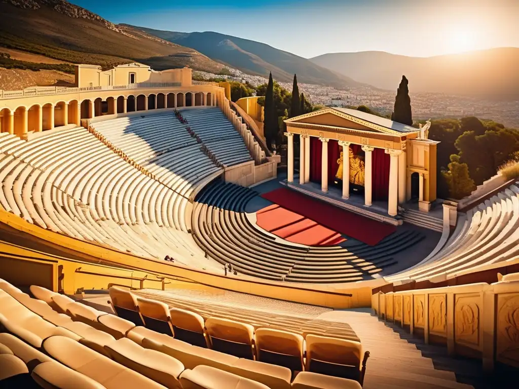 Importancia del coro dramático en Grecia: teatro antiguo griego con público emocionado y un vibrante coro en trajes tradicionales