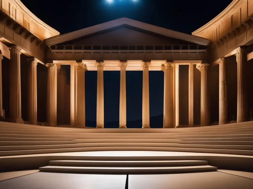 Importancia del teatro en Grecia: propagando y arte - Escenario minimalista en un antiguo anfiteatro griego, con columnas, estatuas y luz solar