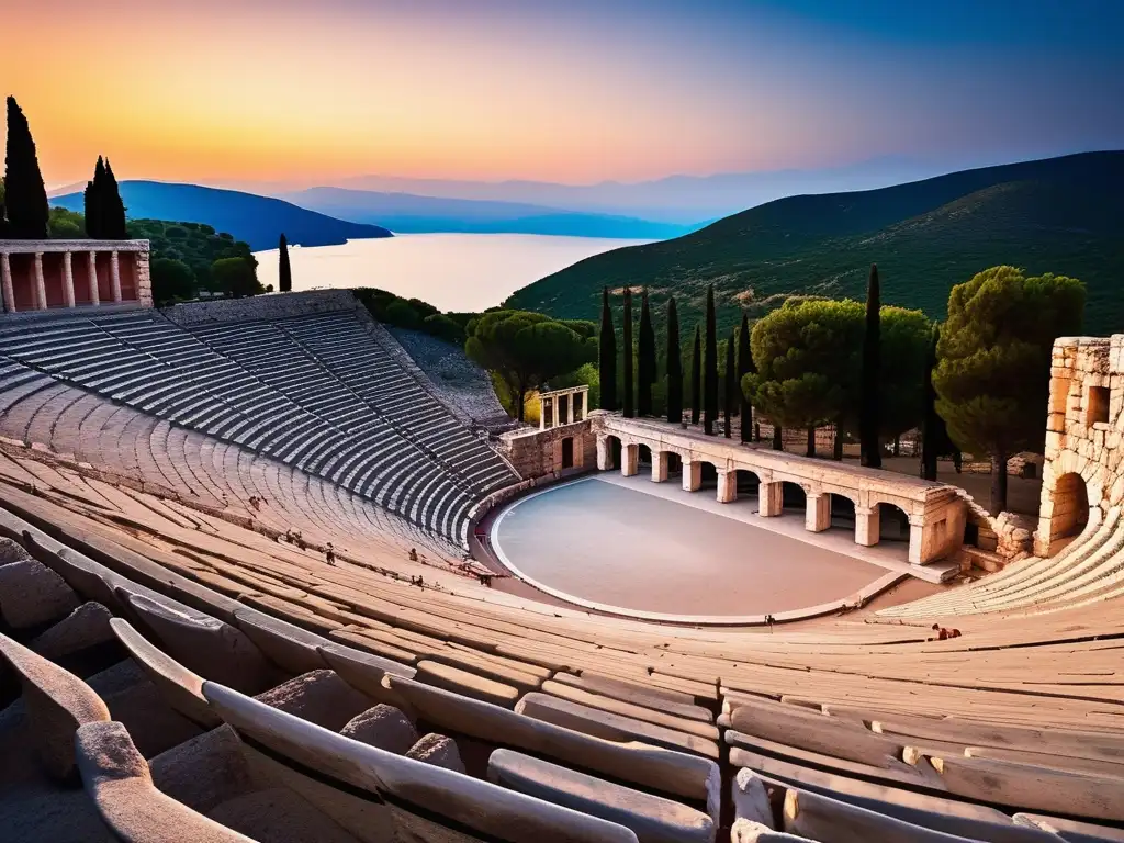 Teatro griego en la cultura occidental: antiguo teatro de Epidaurus con escena dramática y pintura mitológica