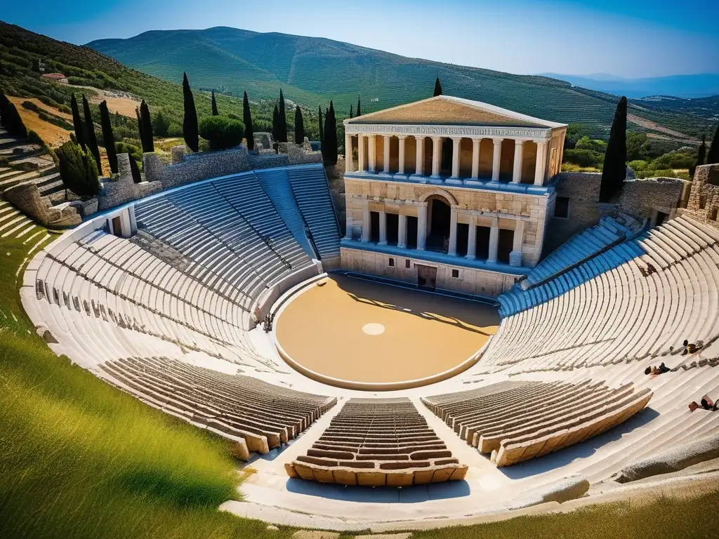 Festividades en la Antigua Grecia: Teatro griego en el festival Dionysia, rodeado de colinas verdes y cielo azul