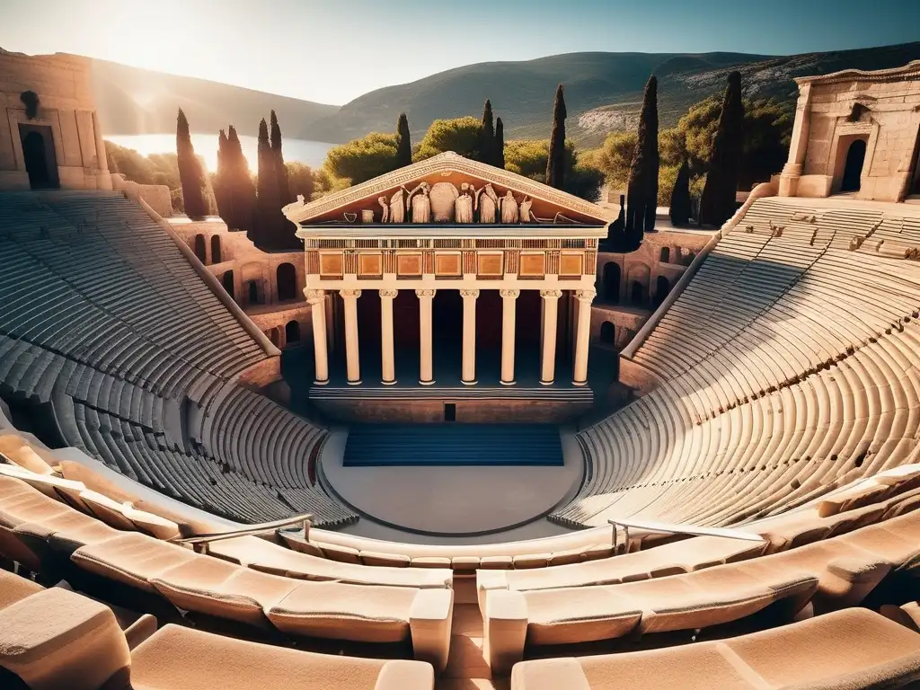 Teatro antiguo en paisaje pintoresco, reflejando la importancia del teatro en la Grecia Helenística