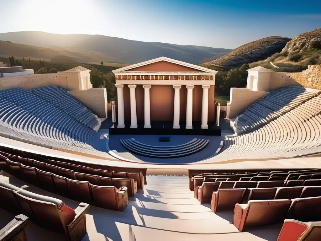 Arquitectura teatral griega: teatro majestuoso y armonioso con escenario y asientos de piedra, rodeado de colinas y cielo azul