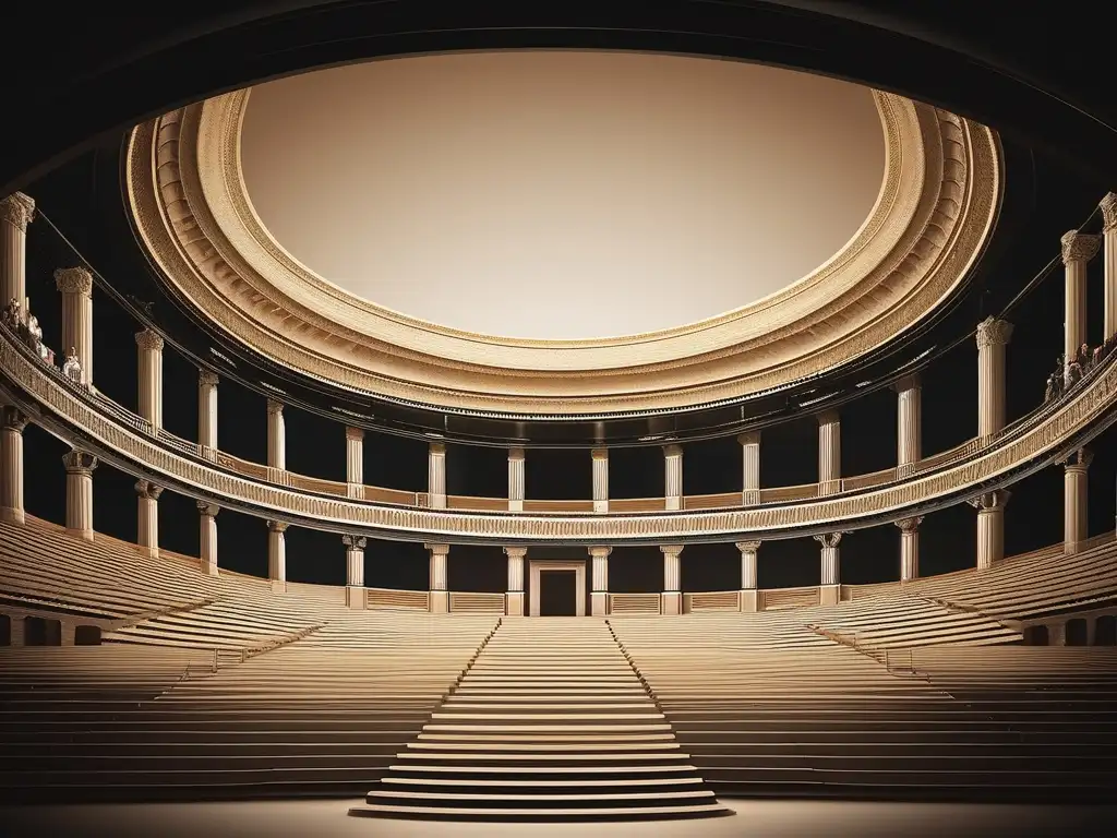 Influencia teatro griego cultura occidental: Amphitheater histórico en Grecia con detalles arquitectónicos y público esperando una actuación