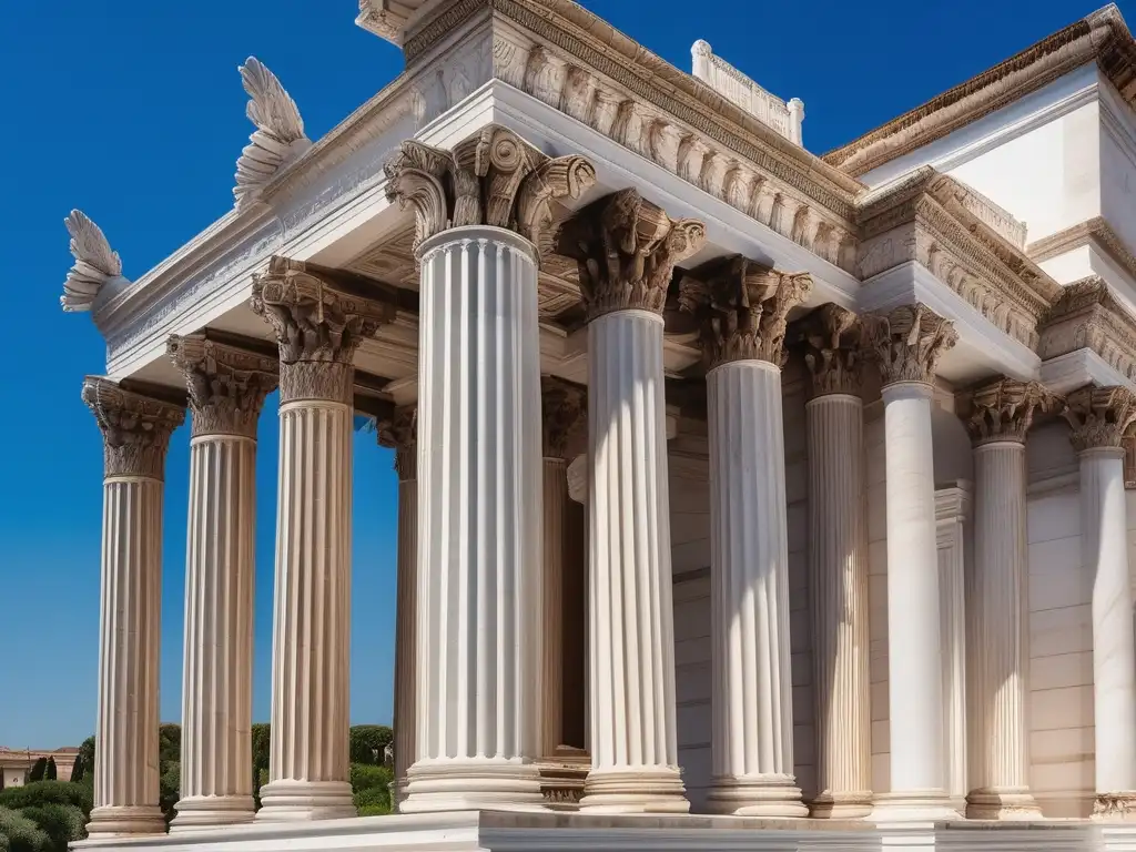 Arquitectura en Corinto: Maravillas históricas, templo de mármol blanco con columnas corintias y detalles mitológicos