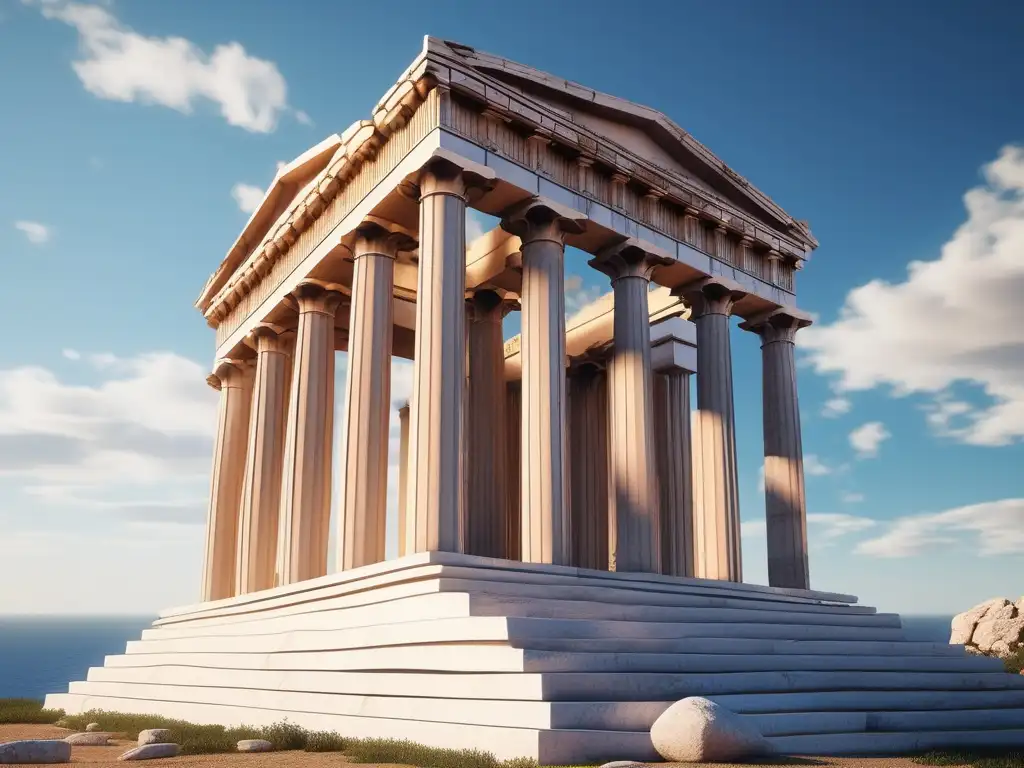 Rituales amorosos en la Antigua Grecia: Templo de Afrodita, columnas de mármol, sacerdotes en ritual sagrado, jardín de flores vibrantes