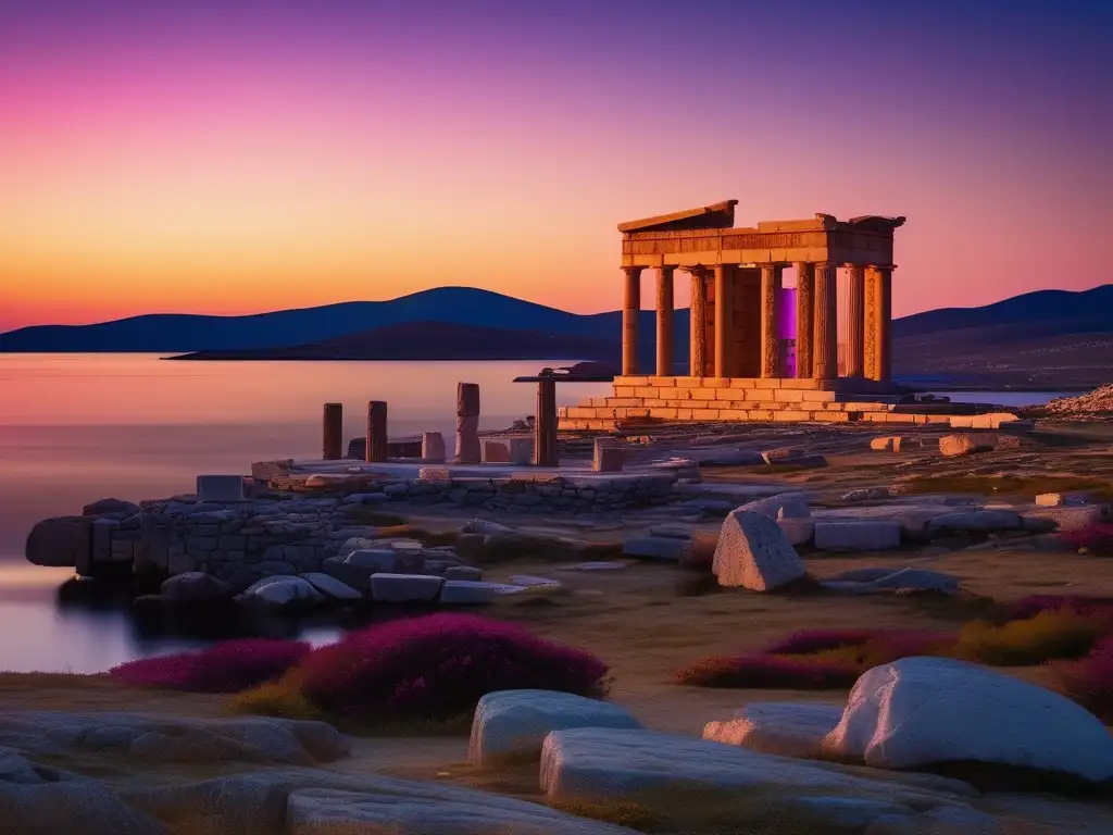 Relación divina Delos y Apolo: atardecer en la isla, templo majestuoso, paisaje rocoso