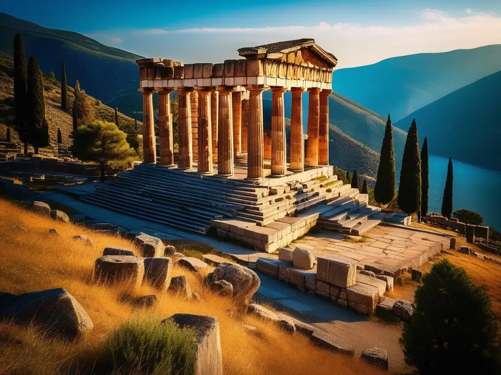 Sacerdotisas de Delfos en Grecia, majestuoso Templo de Apolo bañado en luz dorada, arquitectura impresionante y paisaje de ensueño