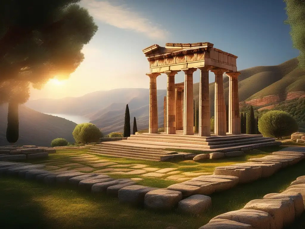 Oráculo de Delfos: autenticidad y legado - Templo de Apolo en Delphi, paisaje sereno, historia y belleza atemporal