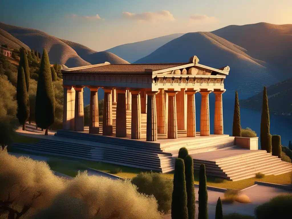 Maravillas arquitectónicas del Periodo Arcaico Grecia: Templo de Apolo en Delphi, atardecer dorado