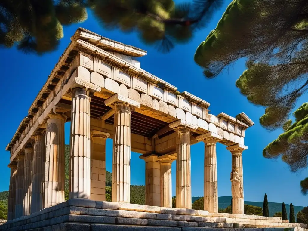 Serena imagen del antiguo Templo de Asclepio en Epidaurus, Grecia, rodeado de un cielo azul intenso