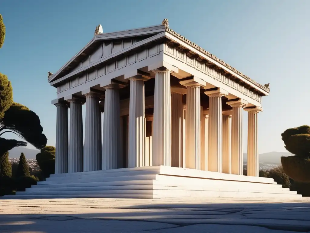 Historia del Templo de Hephaistos en Atenas, majestuoso y elegante, resplandece en un cielo azul, rodeado de serenidad y belleza natural