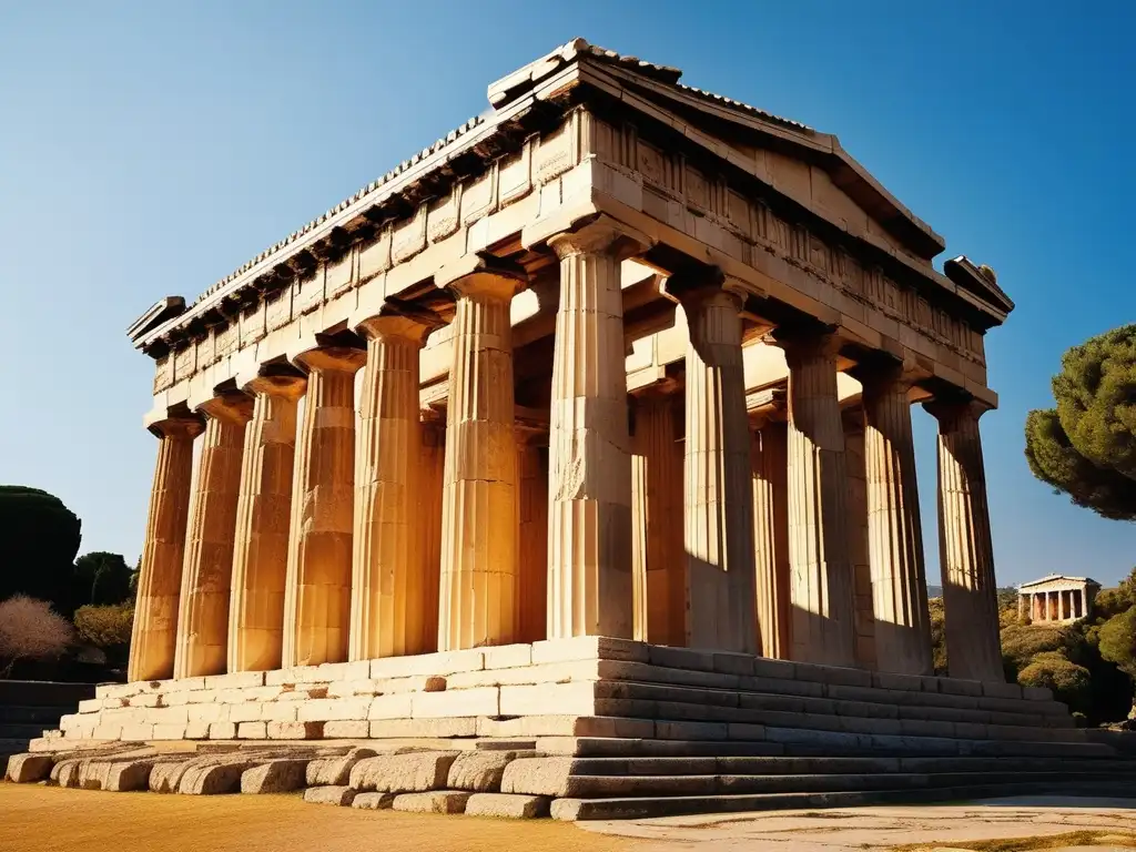 Historia del Templo de Hephaistos en Atenas, majestuoso y bien conservado, destaca sus columnas dóricas y detalles arquitectónicos