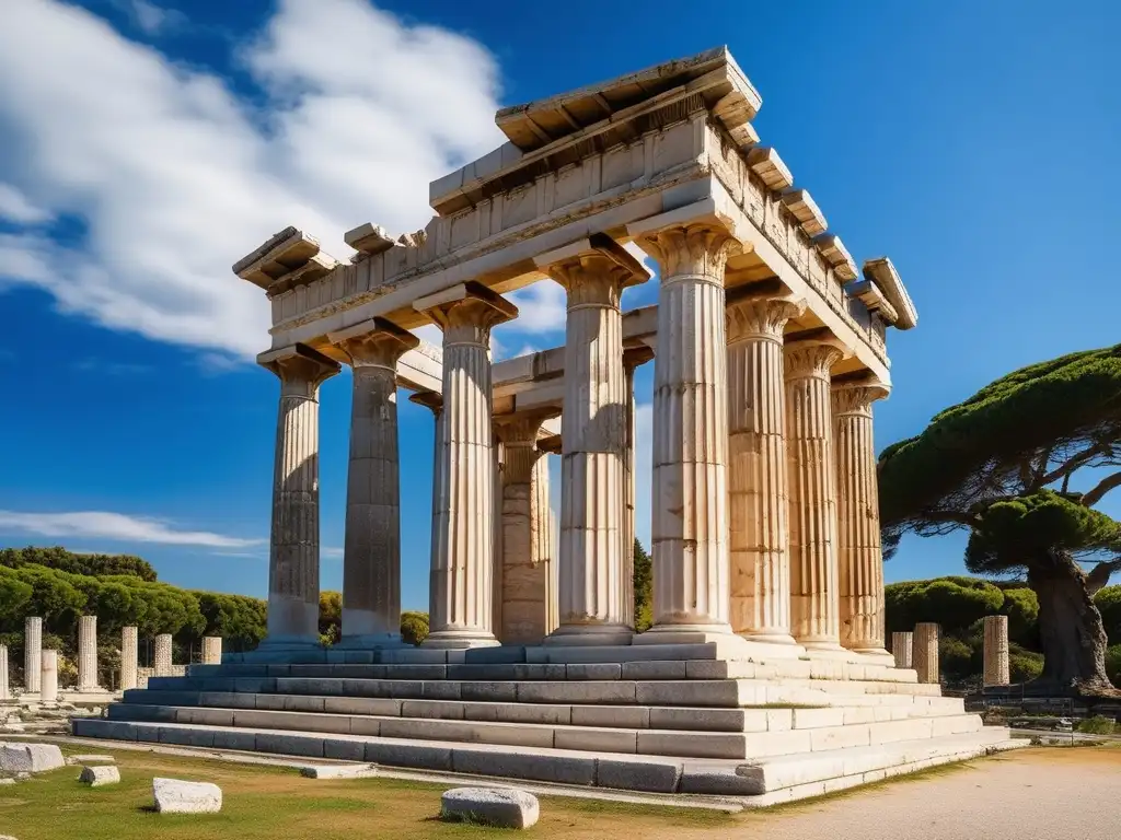 Templo de Hera en Olympia, ejemplo magnífico de arquitectura griega, rodeado de paisaje sereno