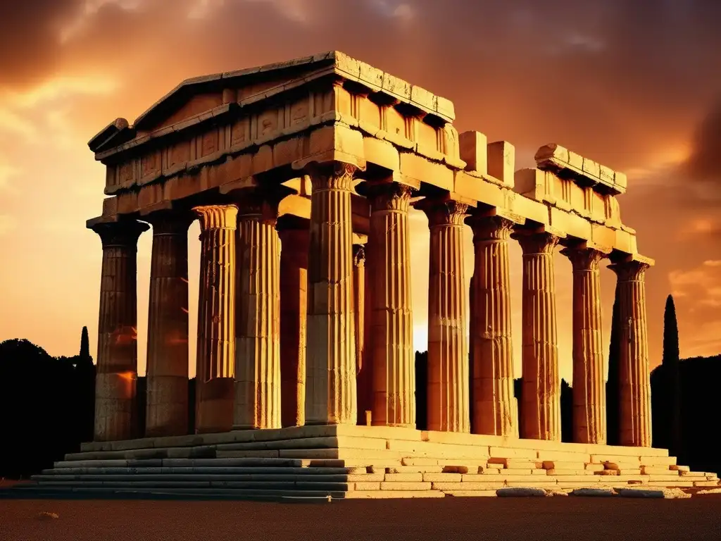 Descubre el Templo de Hera en Olimpia, majestuoso tributo a la antigua civilización griega, bañado por el cálido resplandor del atardecer