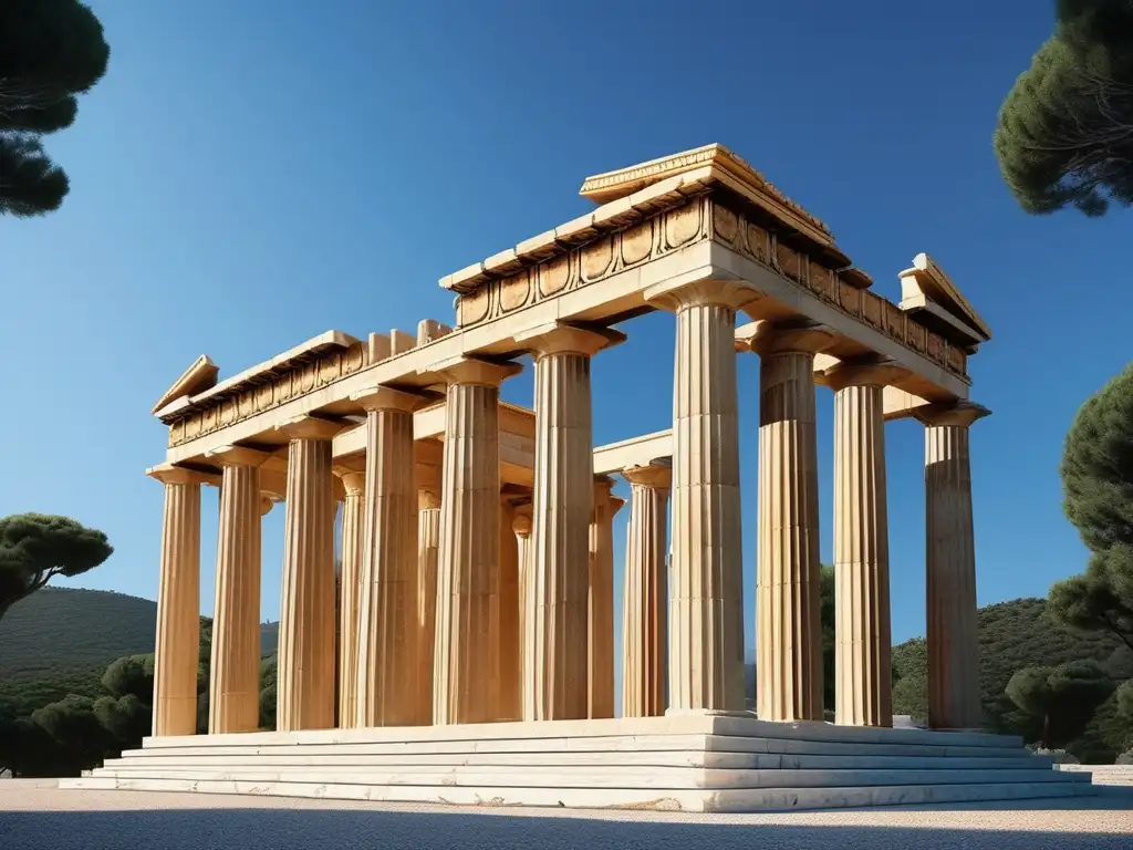 Arquitectura jónica en templo de Hera: imagen fotorealista que captura la grandiosidad y armonía del templo, resaltando sus detalles y proporciones