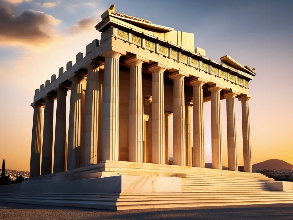 Templo de mármol blanco con columnas y frisos, representando escenas de la democracia y la procesión Panatenea