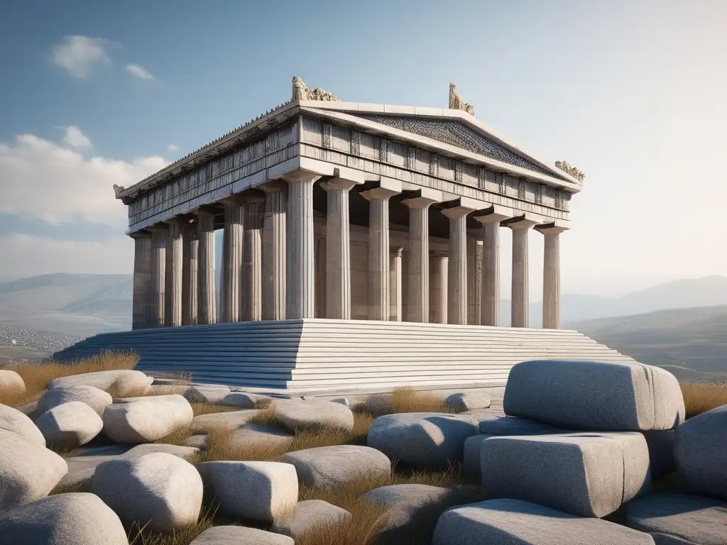 Héroes en el Periodo Helenístico: Templo de mármol en Pergamon con carvings de mitología griega y estatua imponente