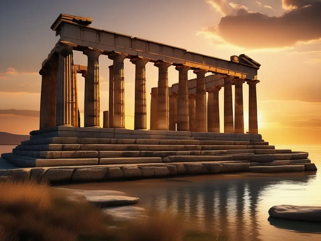 Historia del Templo de Neptuno en Corinto al atardecer