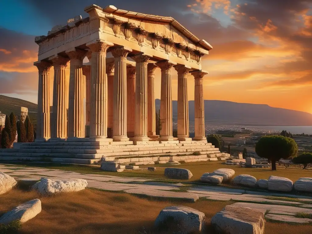 Historia del Templo de Neptuno en Corinto al atardecer: majestuosidad, detalles y paisaje marino