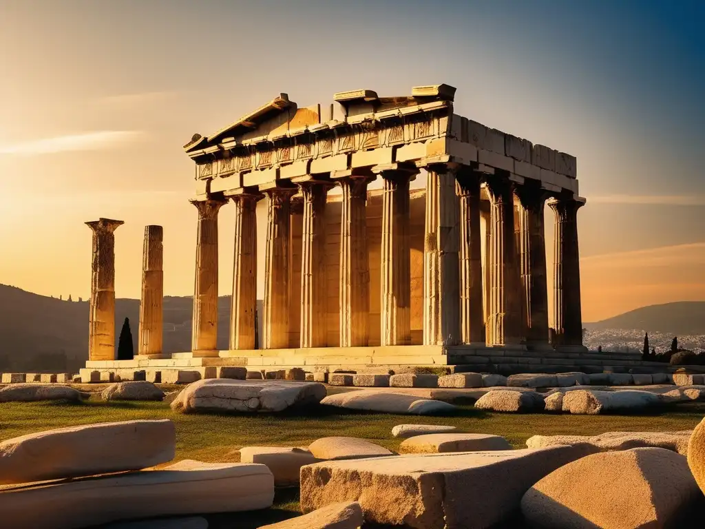 Descubriendo los misterios de Atenas antiguas: Majestuoso Templo de Zeus en el cielo azul