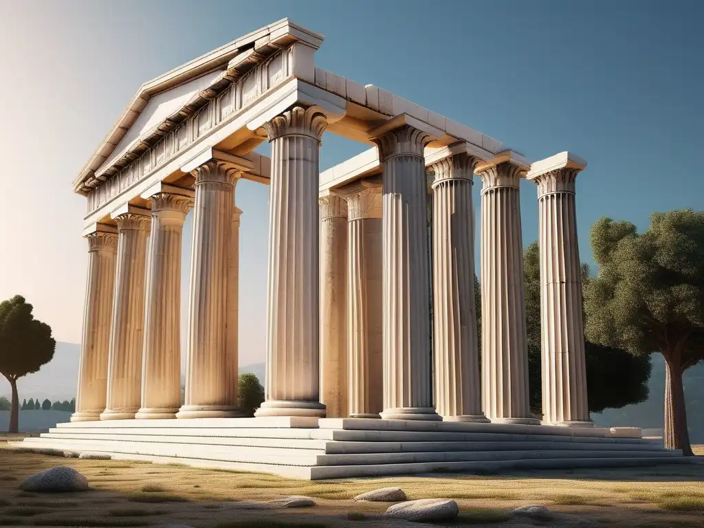 Arquitectura del Templo de Zeus en Olimpia: Imagen realista que muestra su grandeza, columnas de mármol blanco y detalles esculturales