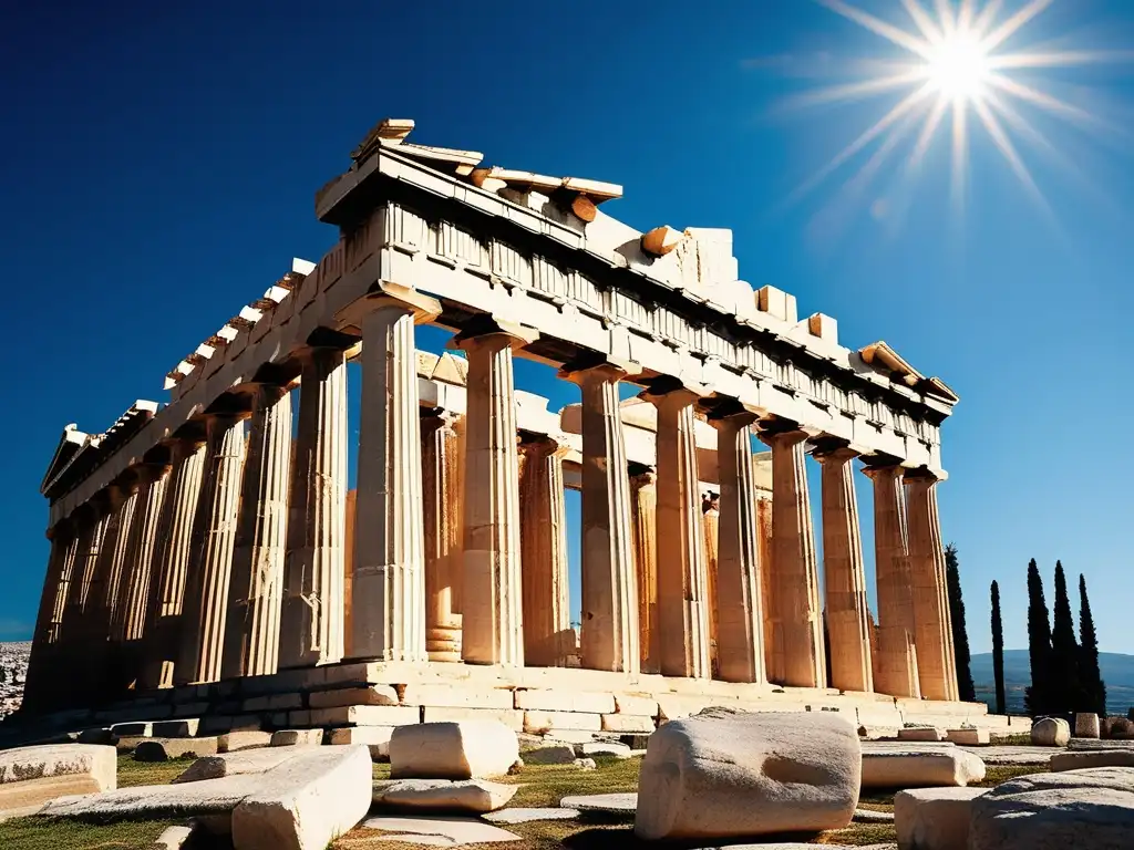 Poder curativo templos griegos antiguos: Majestuoso Parthenon en Atenas, Grecia, bajo cielo azul