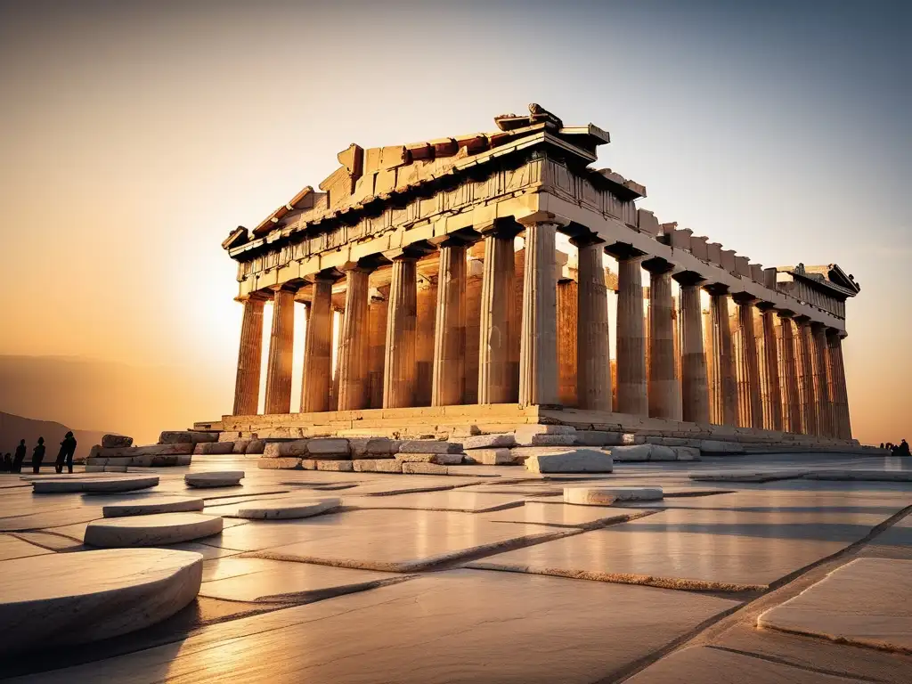 Geometría sagrada en Grecia: Parthenon, templo magnífico en Atenas, bañado de luz dorada, simetría perfecta y detalles geométricos