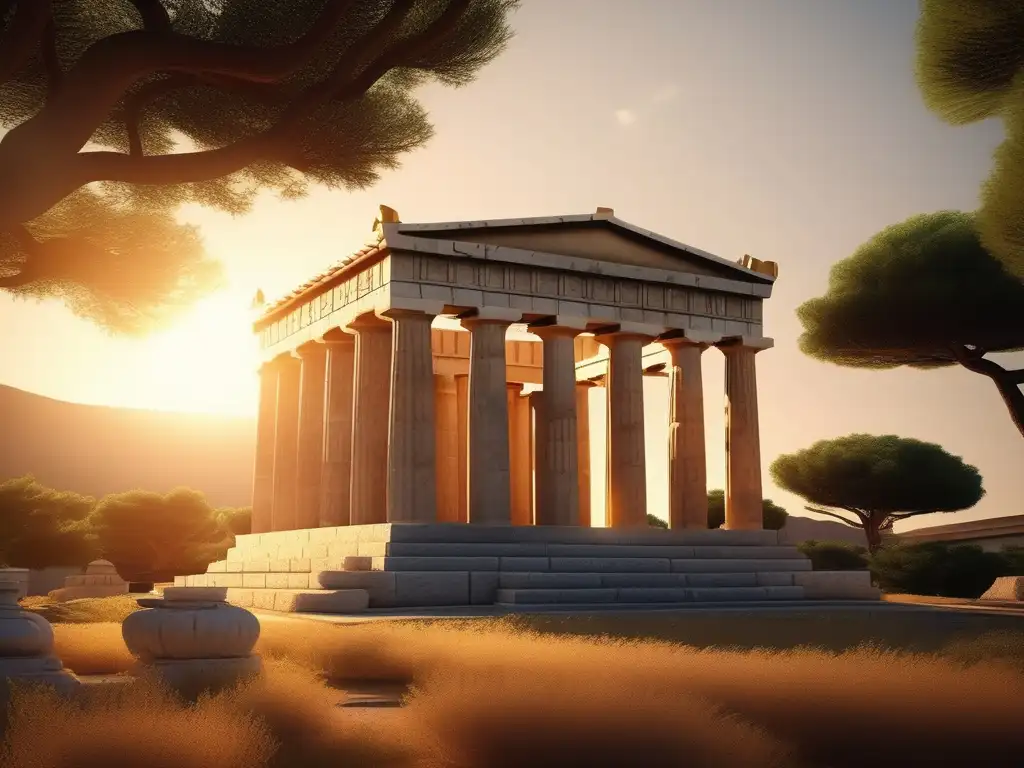 Rituales de sacrificio en Grecia antigua: Templo griego con columnas, paisaje sereno, adoradores en procesión