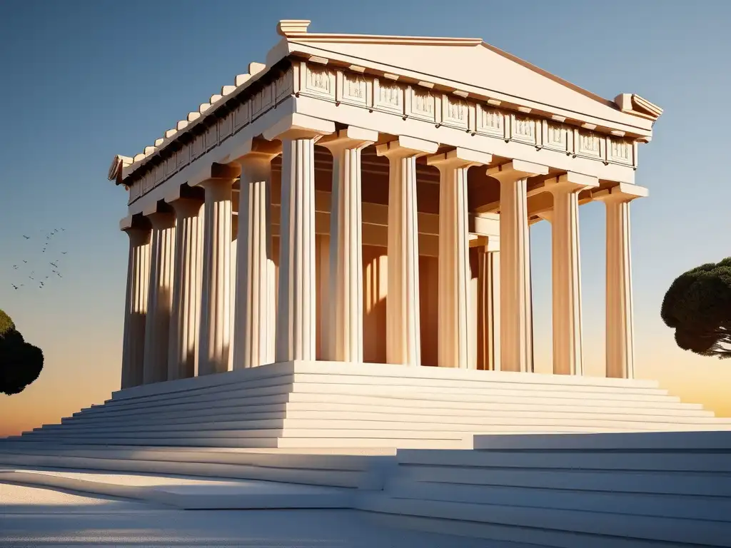 Arquitectura griega: Importancia del color en una majestuosa imagen de un templo antiguo bañado por la cálida luz del atardecer