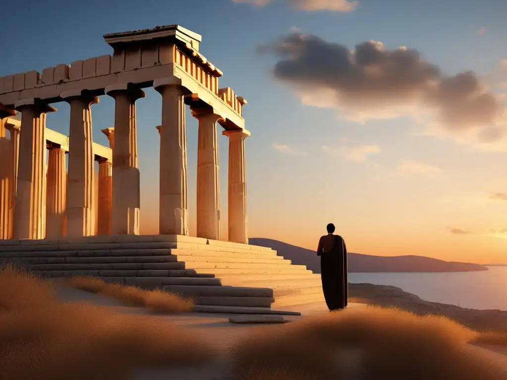 Paisaje griego al atardecer con ruinas de un templo, un erudito leyendo un pergamino