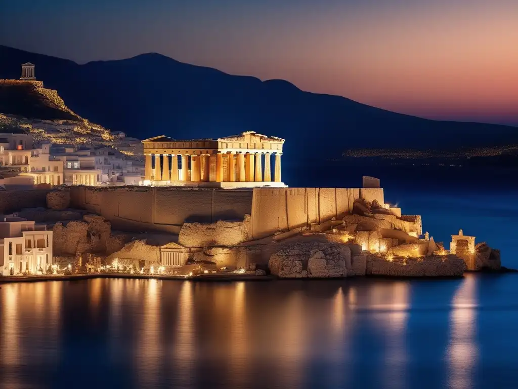 Festivales religiosos en la Antigua Grecia: Templo iluminado al atardecer, con celebrantes y naturaleza exuberante