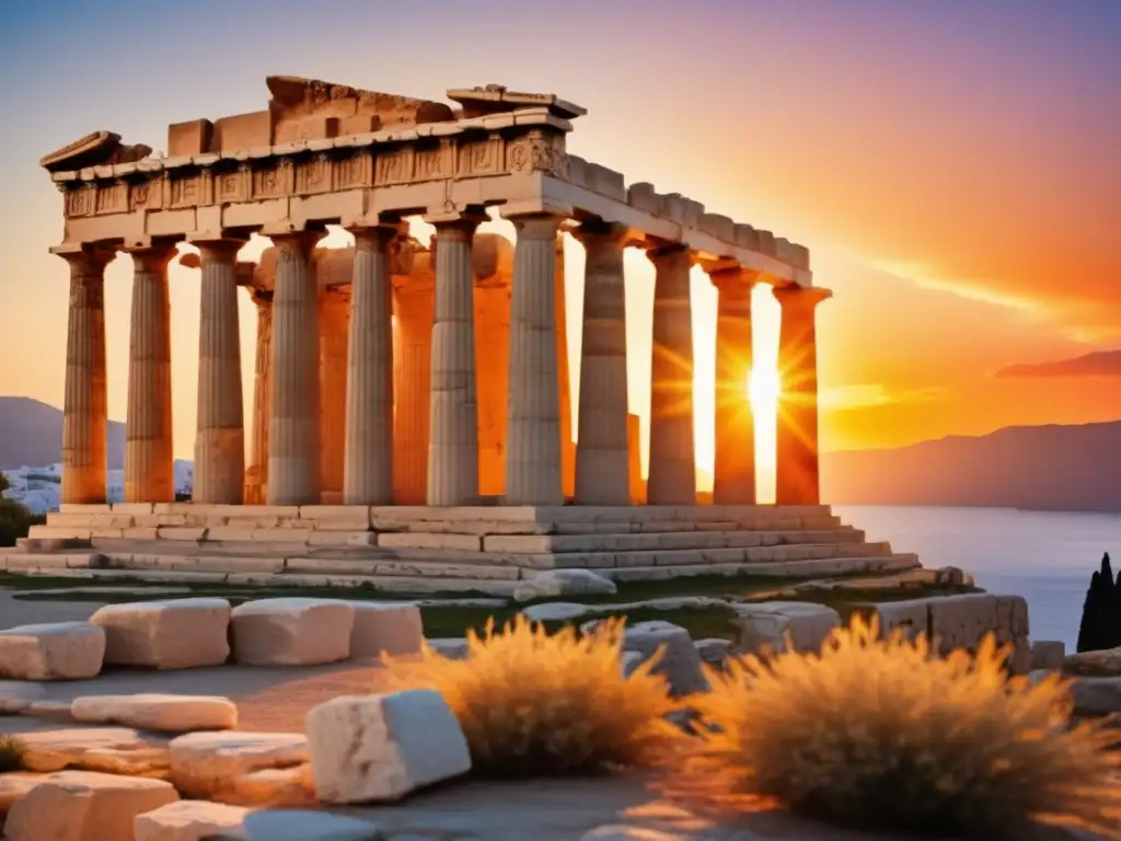 Importancia rituales sacrificio Antigua Grecia en majestuosa imagen de templo griego al atardecer