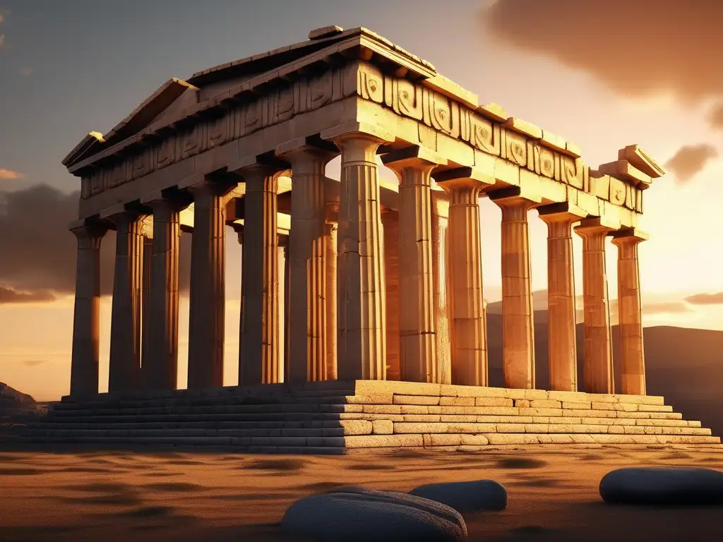 Influencia Guerras Médicas: Imagen realista de un antiguo templo griego en ruinas al atardecer