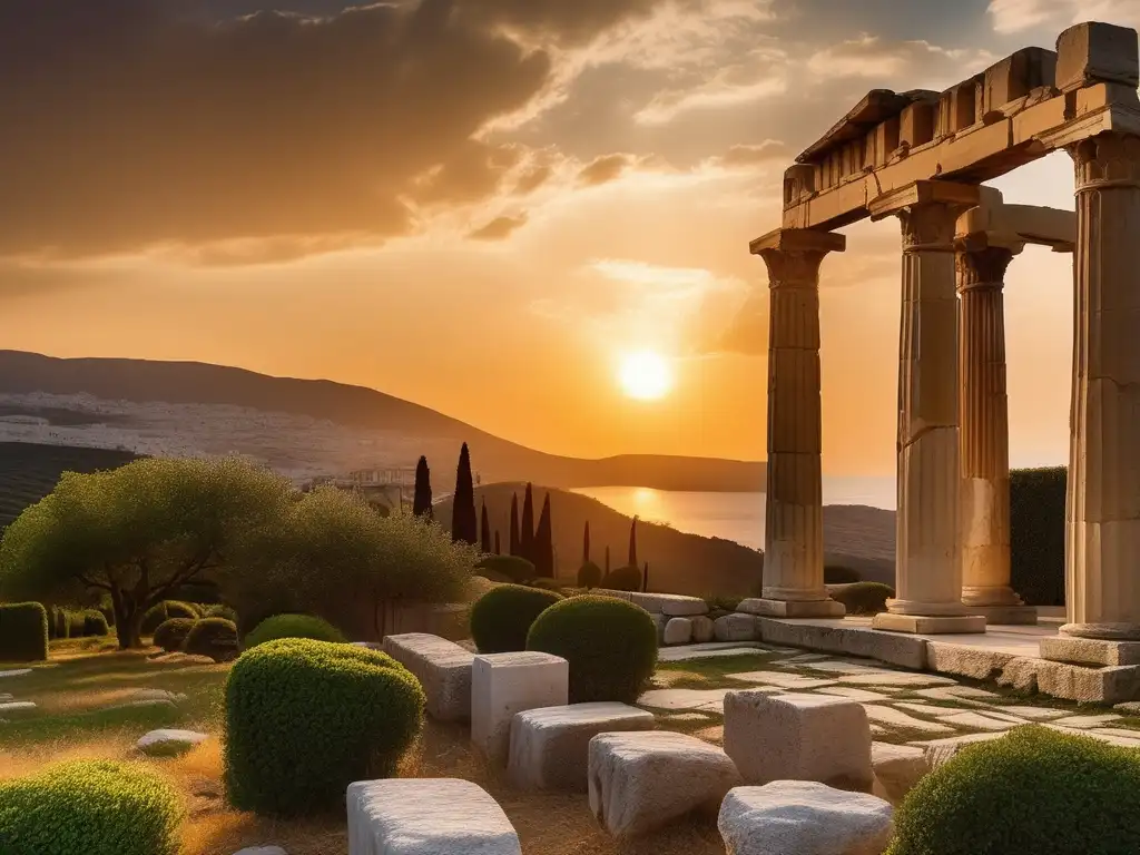 Hermoso paisaje griego al atardecer con templo antiguo cubierto de hiedra, simbolizando la cultura griega