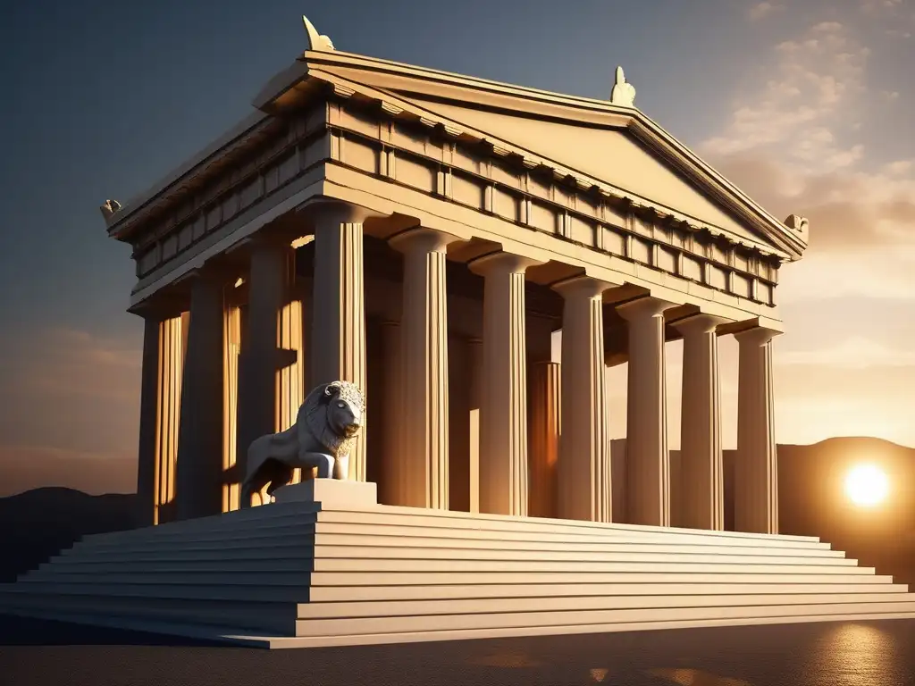 Significado del toro en Grecia antigua: Templo griego al atardecer con estatua de toro