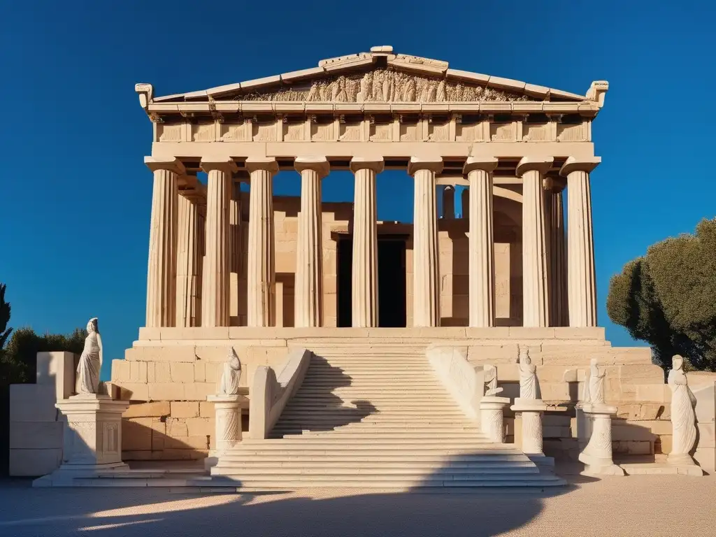 Tesmoforias: poder mujer Antigua Grecia, templo griego vibrante con mujeres poderosas y festival de fertilidad y abundancia