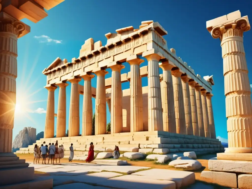 Influencia de la Antigua Grecia en la democracia moderna: majestuoso templo griego, carvings e intercambio de ideas en un cielo azul vibrante